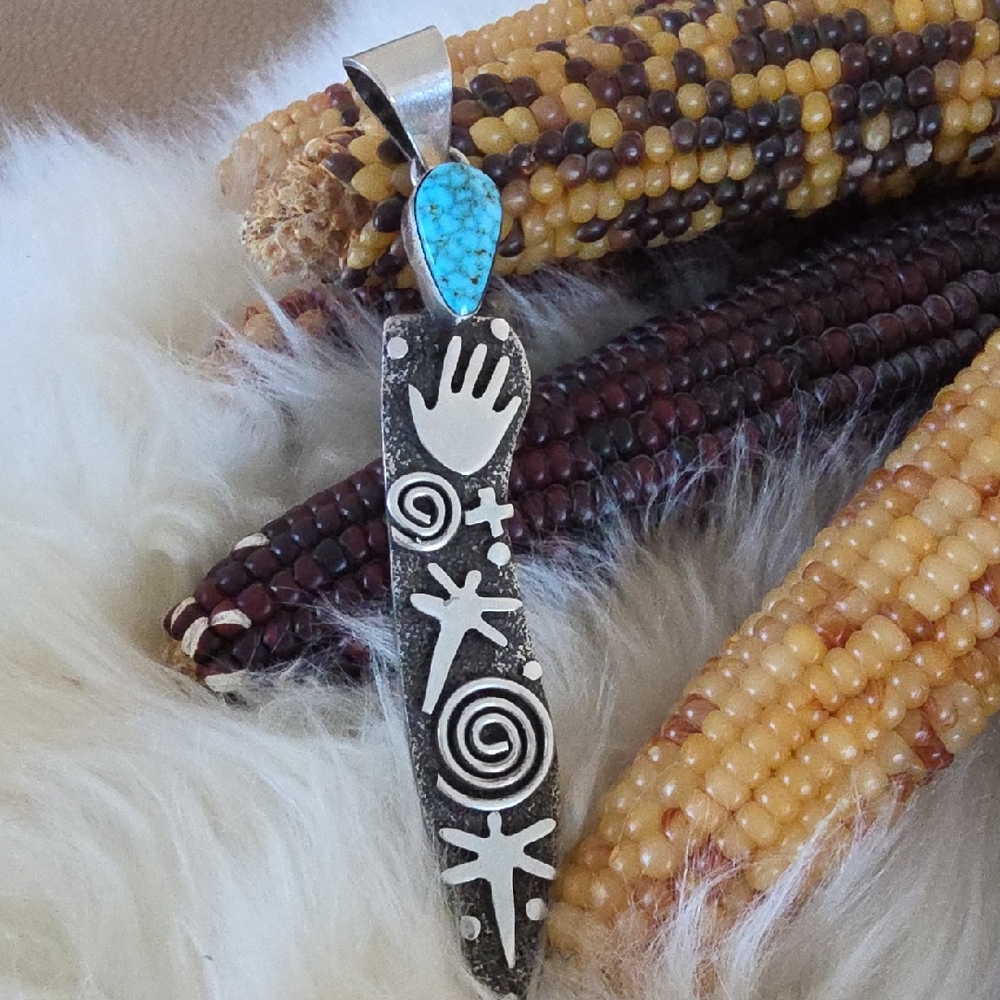 Fabulous Native American Navajo Turquoise Petroglyph Pendant By Alex Sanchez 💙